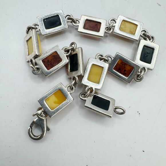 Bezel Set Amber Sterling Silver Link Bracelet Baltic Butter Cognac Honey Amber - Picture 2 of 13